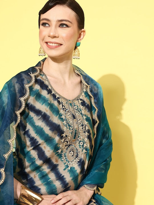 Sangria Women Leheriya Printed Regular Sequinned Kurta with Trousers & With Dupatta
