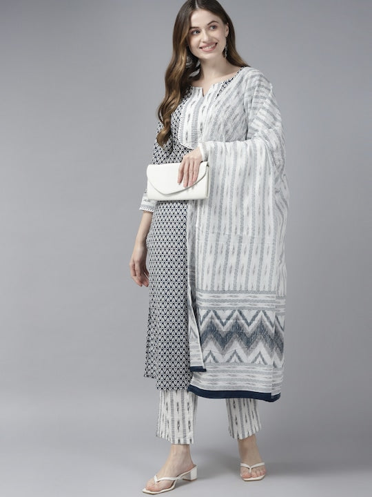 Yufta Women White Ethnic Motifs Printed Regular Pure Cotton Kurta with Palazzos & With Dupatta