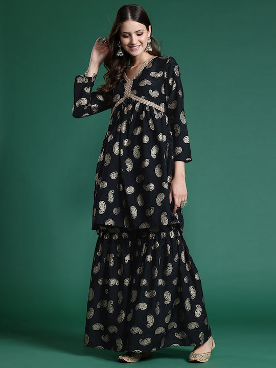 Sangria Paisley Printed Empire Kurta with Sharara