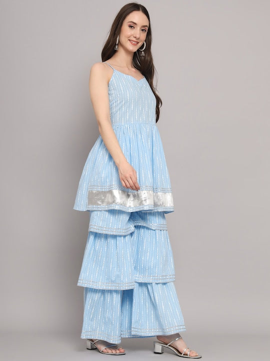 Myshka Ethnic Motifs Printed Pleated Anarkali Pure Cotton Kurta with Sharara & Dupatta