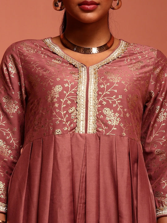 IMARA Floral Printed Zari A-Line Kurta With Palazzos & Dupatta