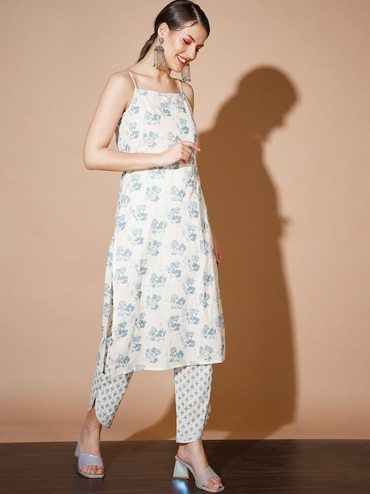 Myshka Floral Printed Regular Pure Cotton Kurta with Trousers