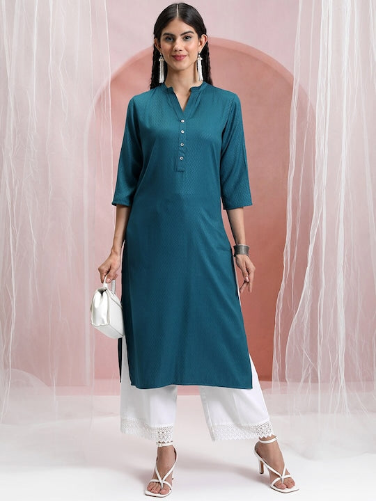 Vishudh Chevron Woven Design Mandarin Collar Straight Kurta