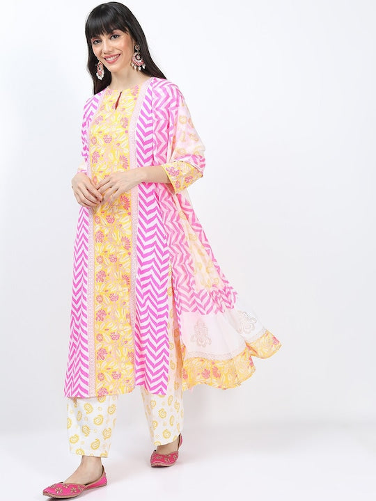 Vishudh Women Pink Printed Kurta with Trousers & With Dupatta