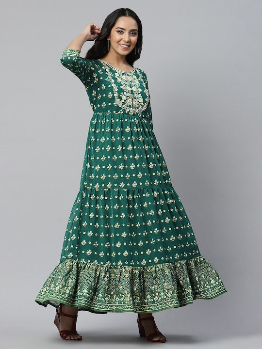 AureliaGreen Floral Printed Tiered Maxi Dress
