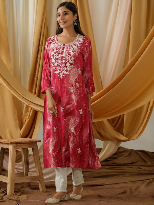 Sangria Abstract Printed and Embroidered Straight Kurta