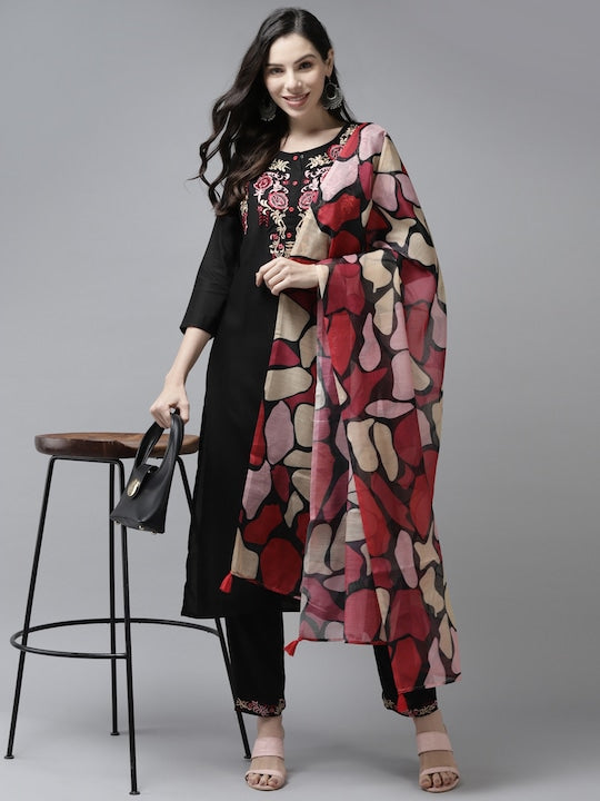 Yufta Women Black Ethnic Motifs Embroidered Thread Work Kurta with Trousers & With Dupatta