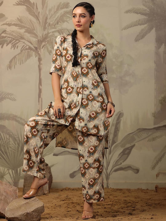 SCAKHI Floral Printed Shirt Collar High Low Kurta & Palazzos