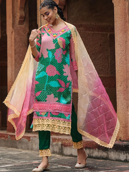 Scakhi Floral Digital Printed Thread Work Chinon Silk Kurta with Trousers & Dupatta