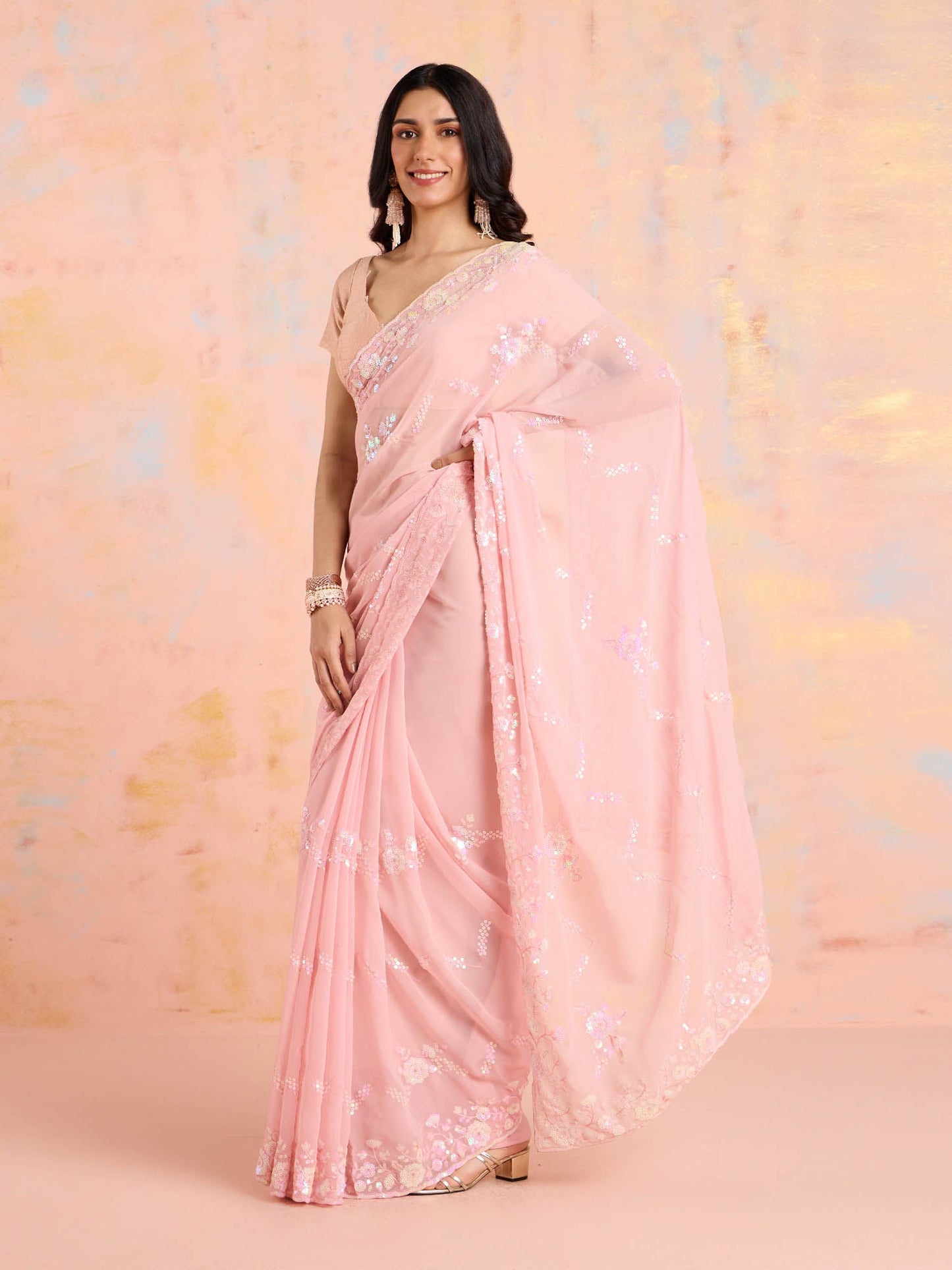 Likha Pink Net Embroidered and Sequined Saree with Unstitched Blouse LIKPARSAR03