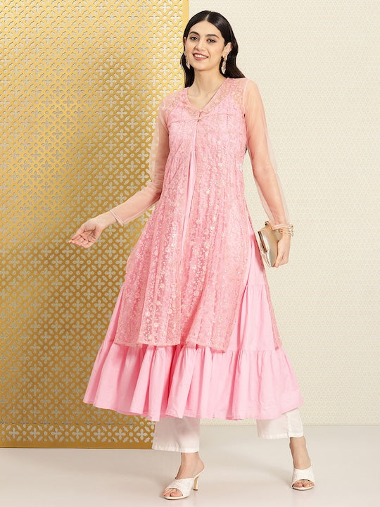 House of Pataudi Women Pure Cotton Pastels Jashn Kurta With Net Over Coat