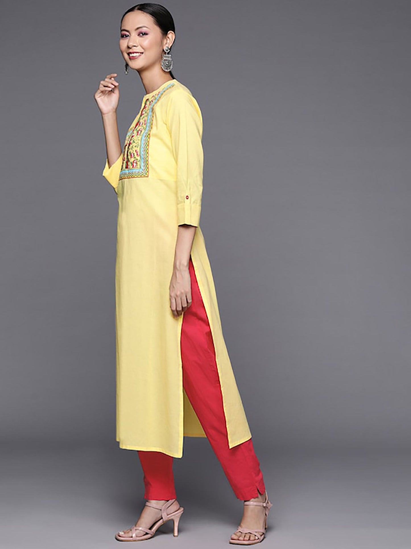 KSUT Women Yellow Roll-Up Sleeves Kurta with Floral Printed Detailing