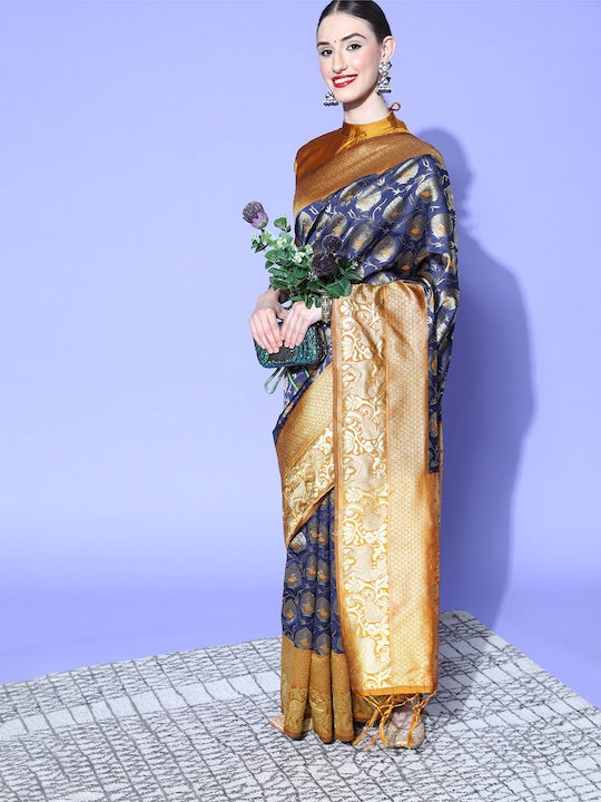 Saree mall Navy Blue & Gold-Toned Ethnic Motifs Zari Silk Blend Banarasi Sarees