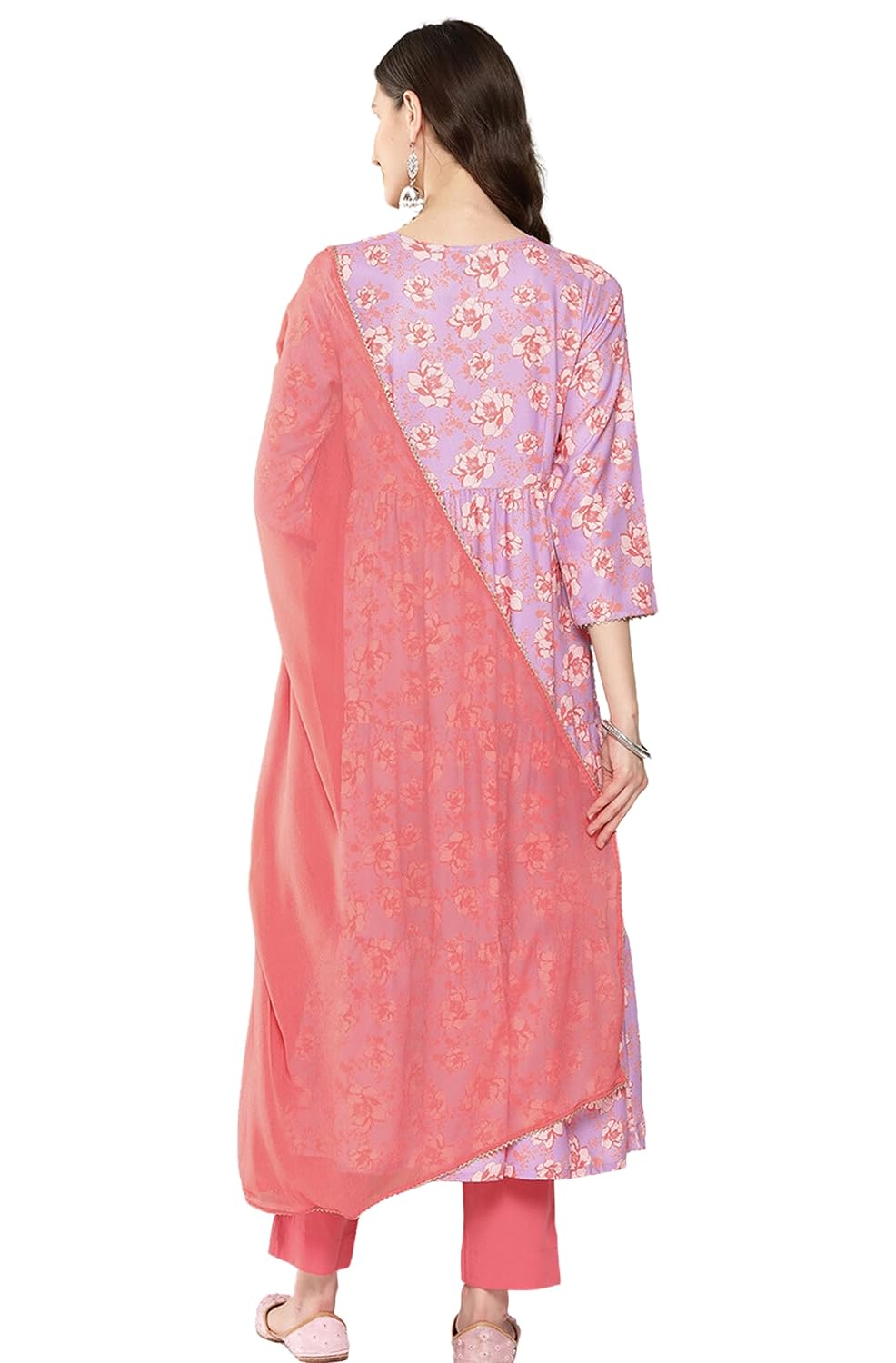 Janasya Women's Lavender Moss Digital Floral Printed Kurta with Pant and Dupatta