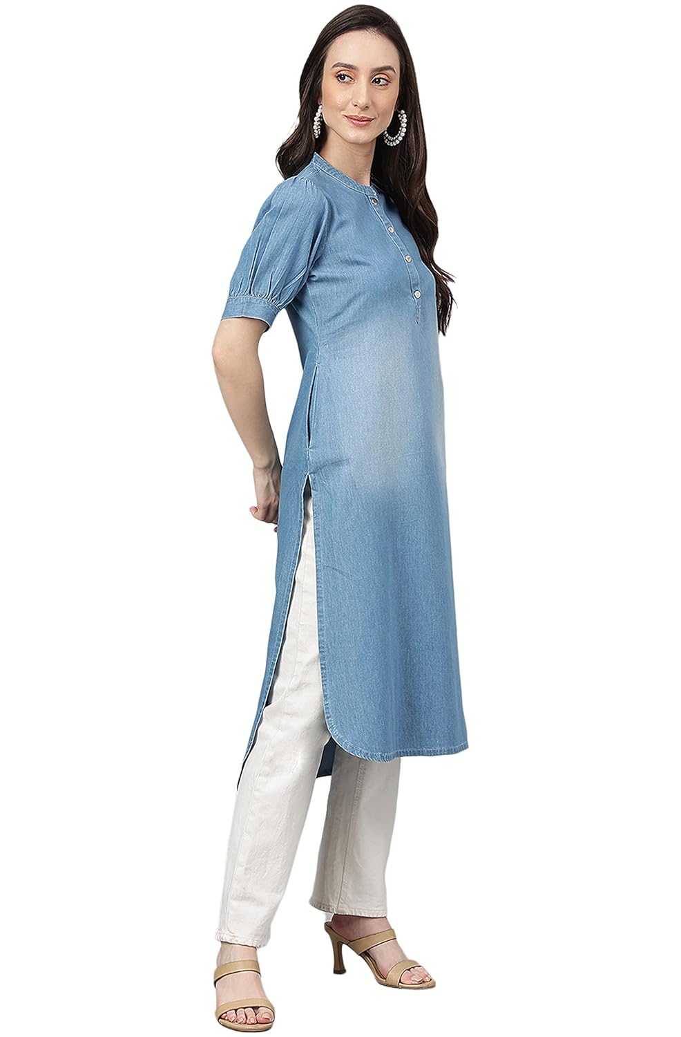 Janasya Women's Light Blue Denim Solid High Low Kurta