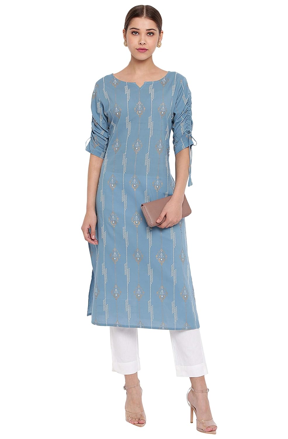 Janasya Women's Blue Cotton Ethnic Motifs Straight Kurta Blue