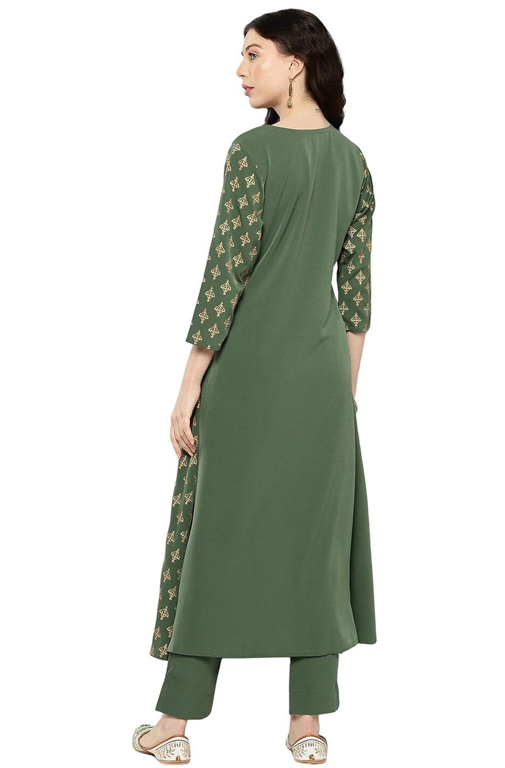 Janasya Women's Green Crepe Foil Printed Kurta with Pant