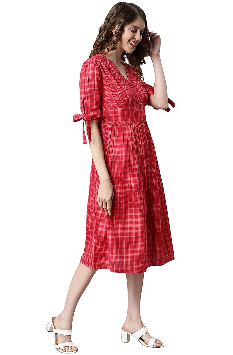 Janasya Women's Red Cotton Western Dress