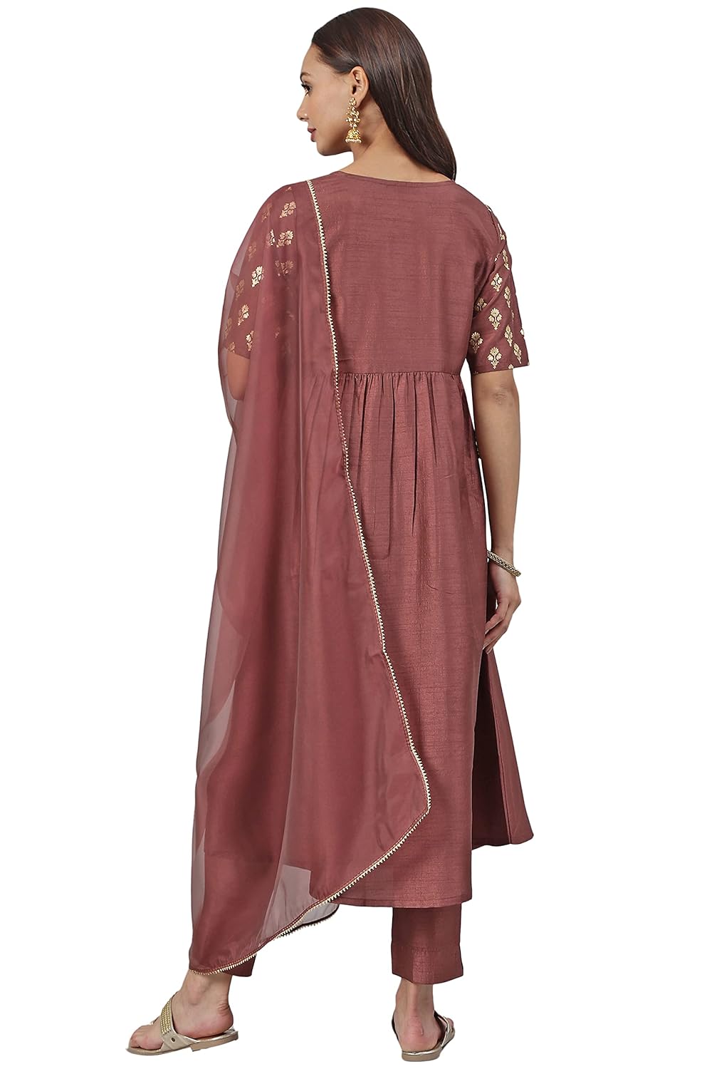 Janasya Women's Brown Poly Silk Foil Print Kurta with Pant and Dupatta