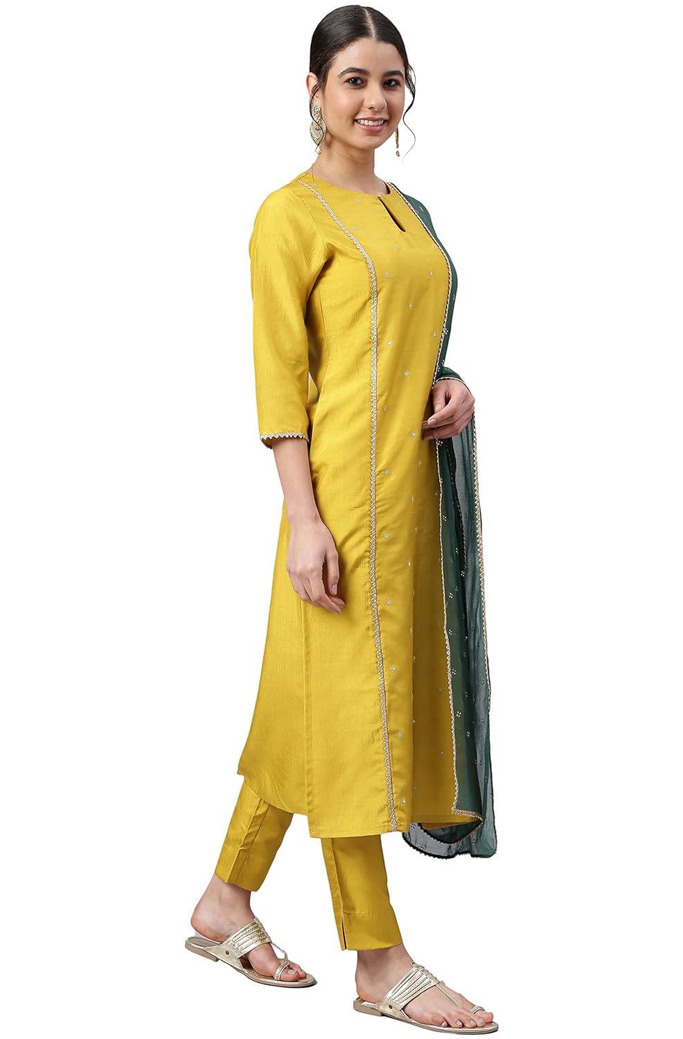 Janasya Women's Mustard Poly Silk Embellished Kurta with Pant and Dupatta