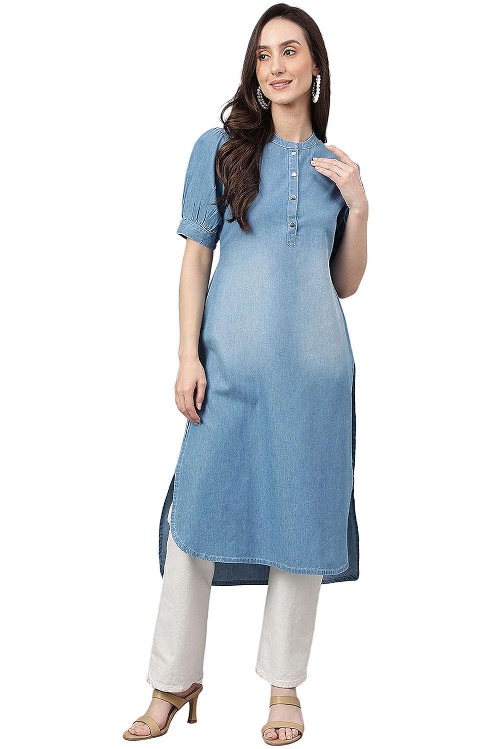 Janasya Women's Light Blue Denim Solid High Low Kurta