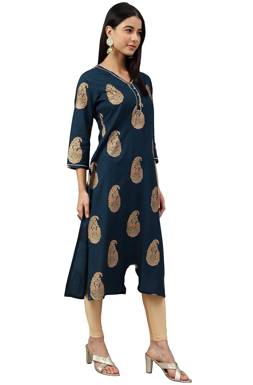 Janasya Women's Teal Blue Rayon Paisley Foil Print Straight Kurta