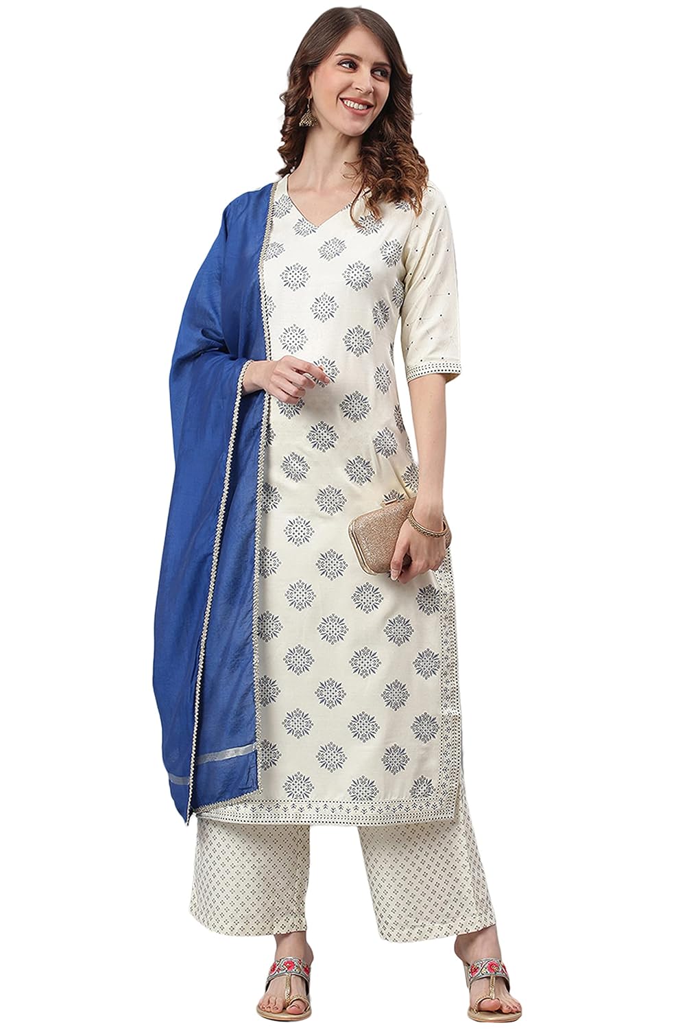 Janasya Women's Off- White and Silver Poly Silk Kurta With Palazzo and Dupatta