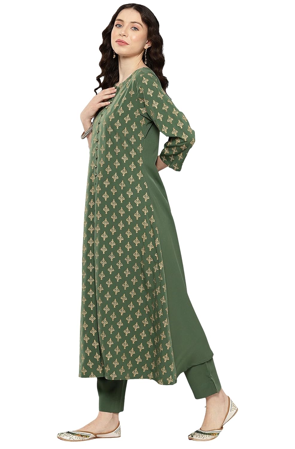 Janasya Women's Green Crepe Foil Printed Kurta with Pant