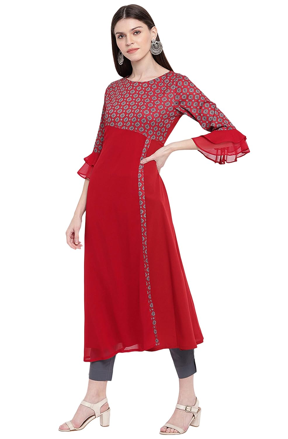 Janasya Women's Light Green Poly Crepe Floral Print A-line Kurta