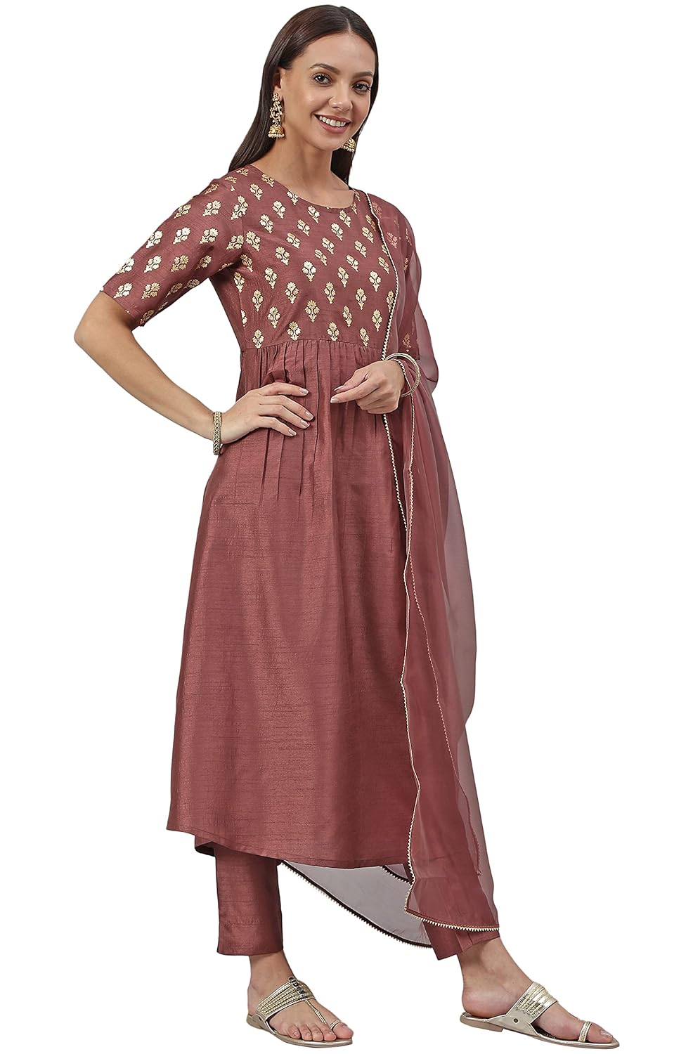 Janasya Women's Brown Poly Silk Foil Print Kurta with Pant and Dupatta