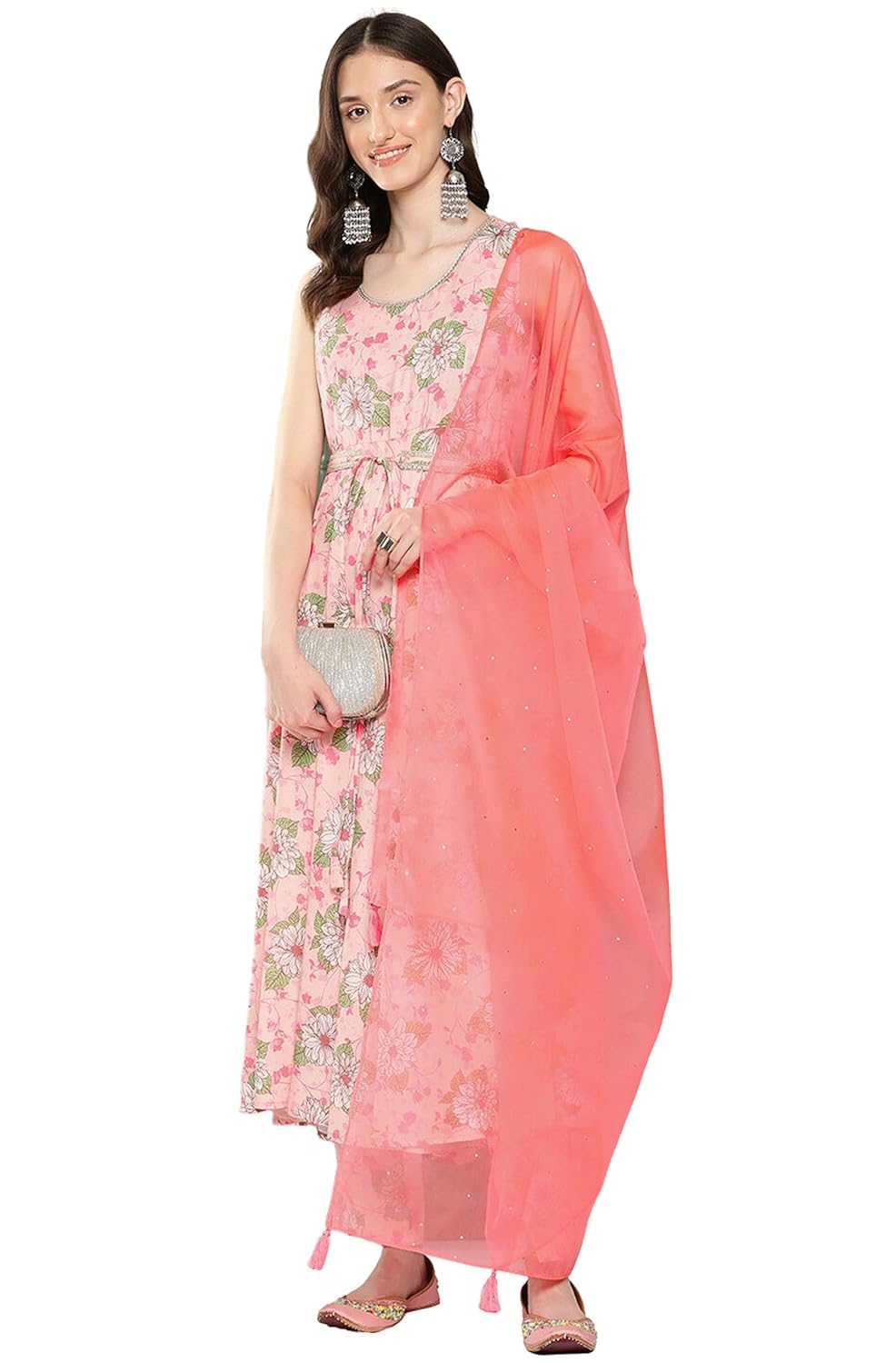 Janasya Women's Peach Moss Digital Floral Printed Kurta with Pant and Dupatta and Waist Tie-Up
