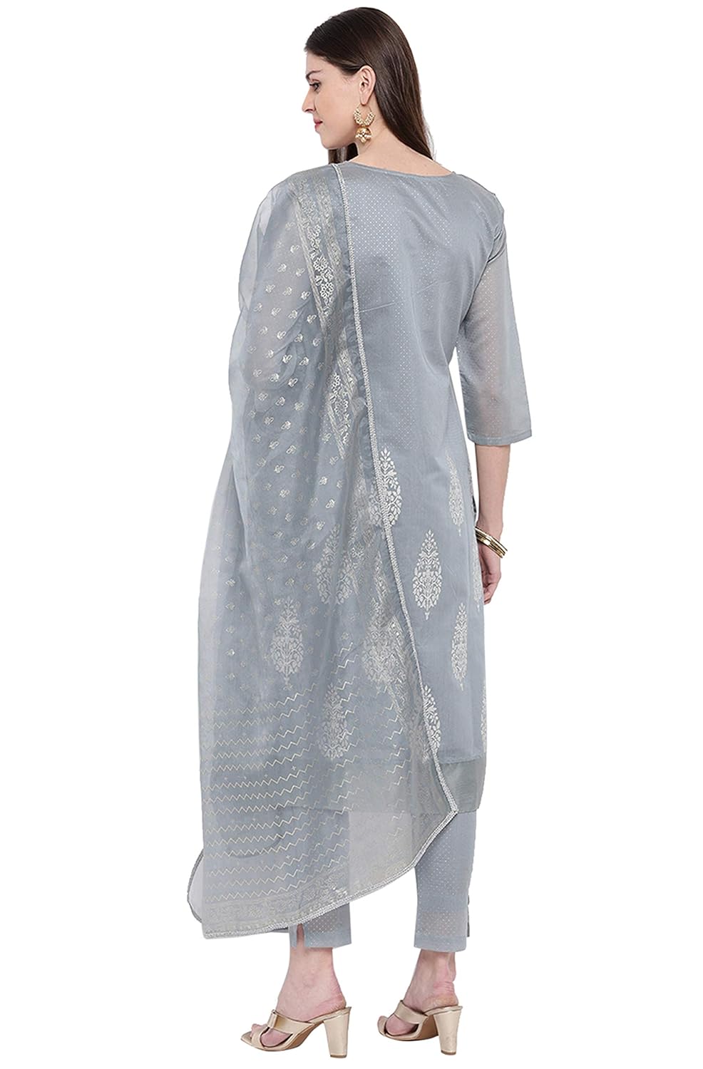 Janasya Women's Grey Poly Chanderi Kurta With Pant and Dupatta