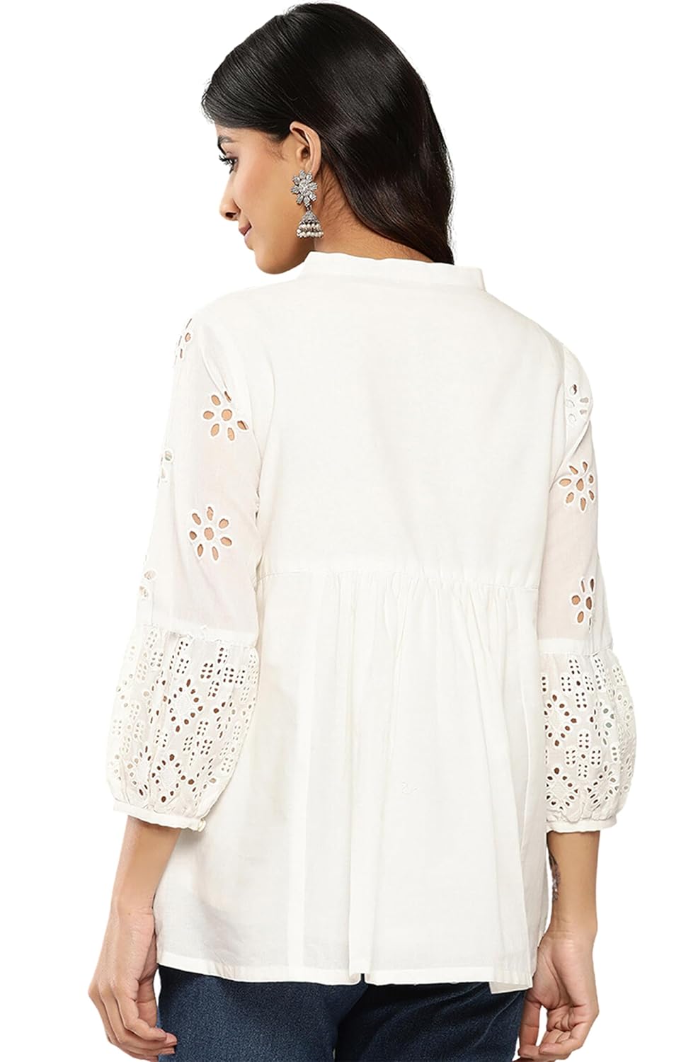 Janasya Women's White Cotton Schiffli A-Line Top