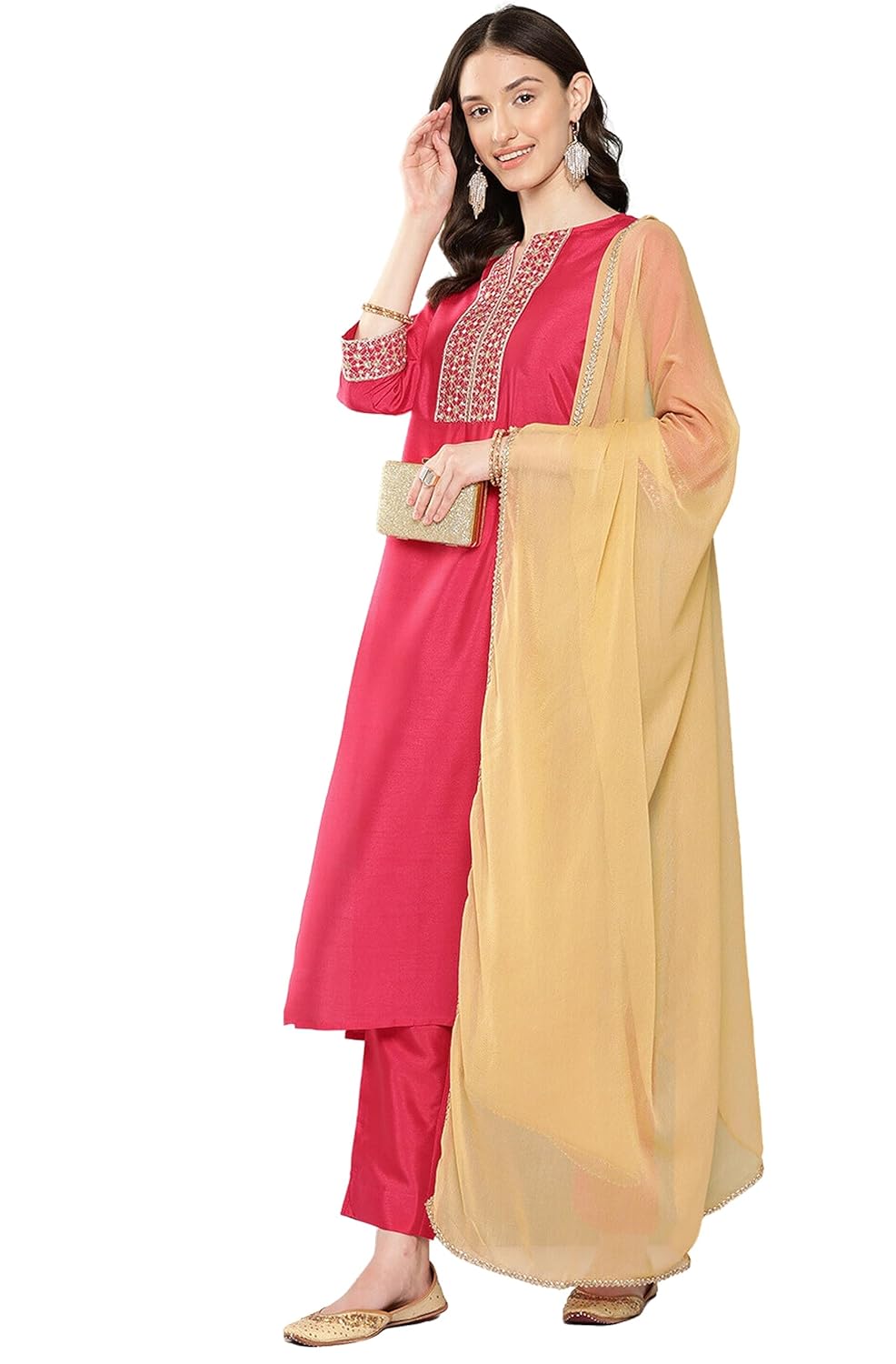 Janasya Women's Pink Crepe Silk Embroidered Kurta with Pant and Dupatta