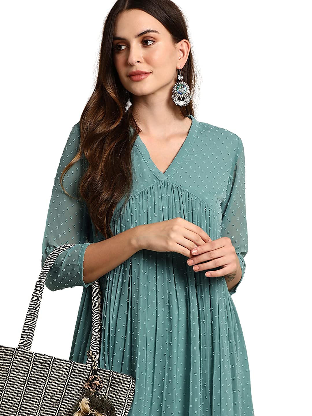Janasya Women's Green Poly Chiffon Self Design Flared Western Dress