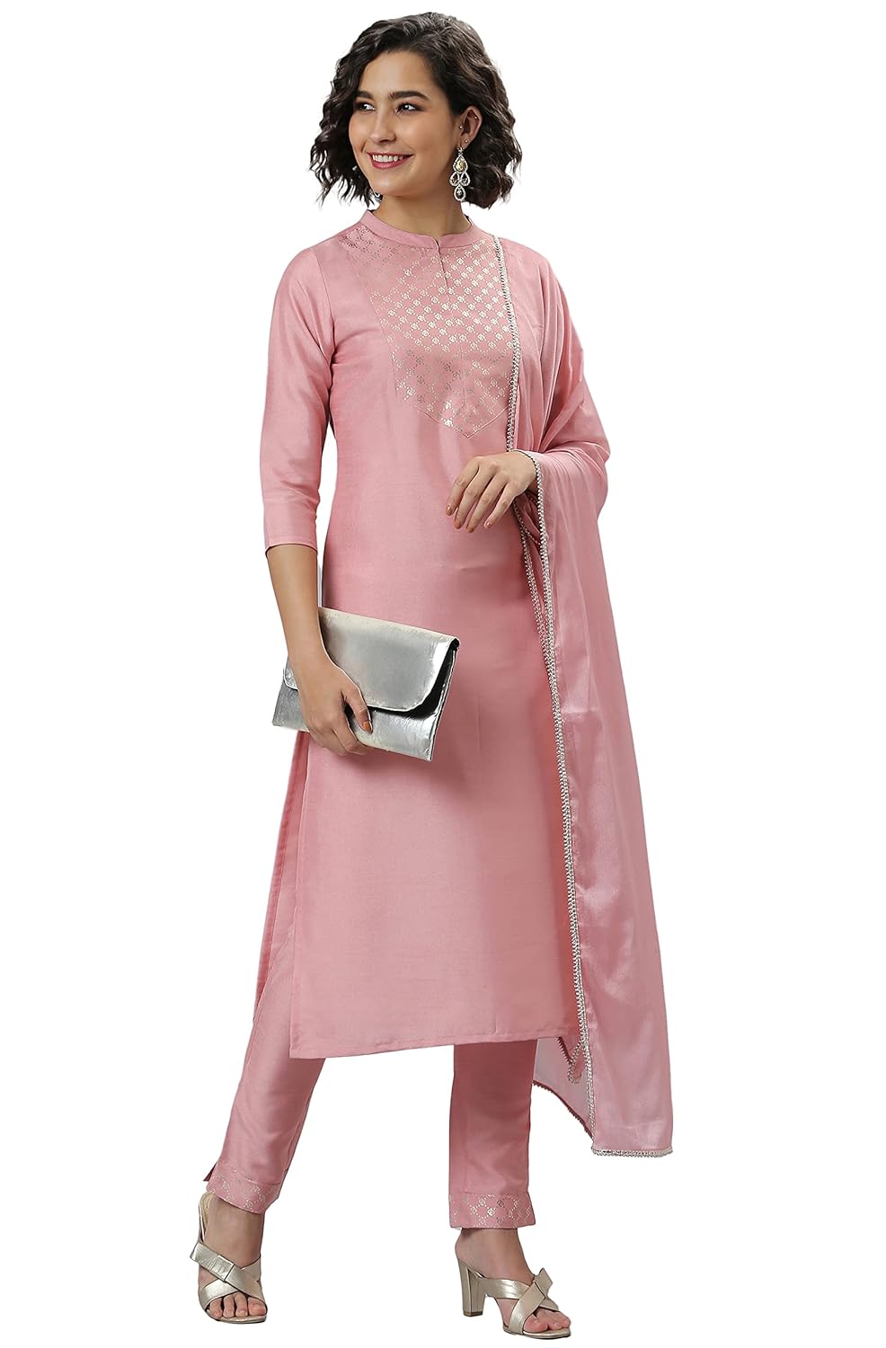 Janasya Women's Pink Poly Silk Floral Print Kurta with Pant and Dupatta