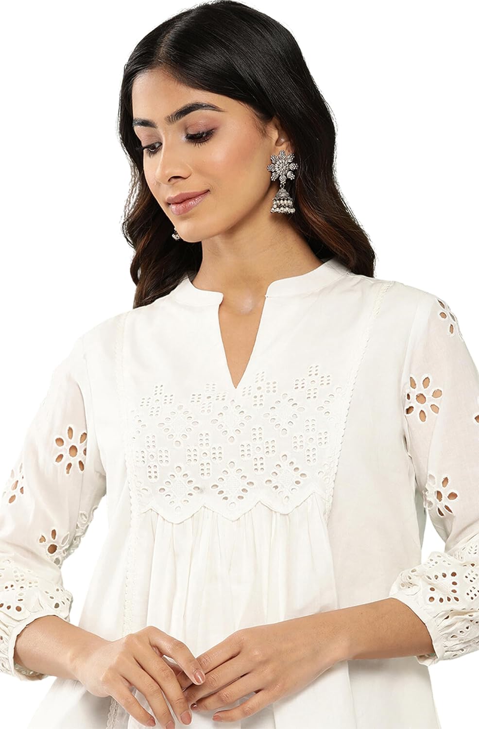 Janasya Women's White Cotton Schiffli A-Line Top