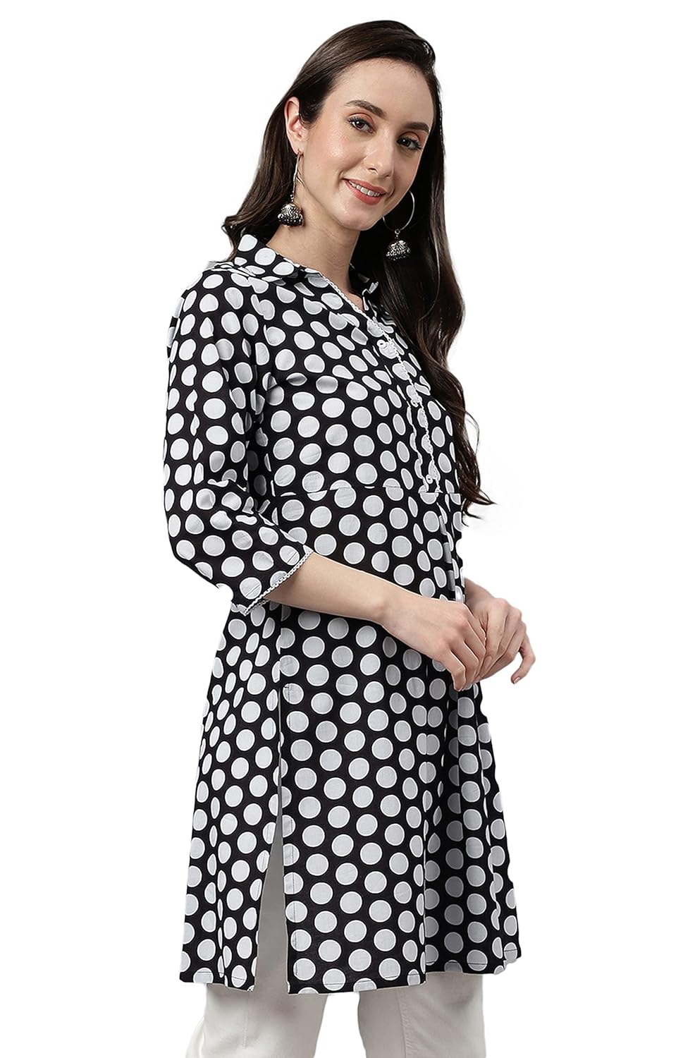 Janasya Women's Black Cotton Polka Print A-Line Tunic