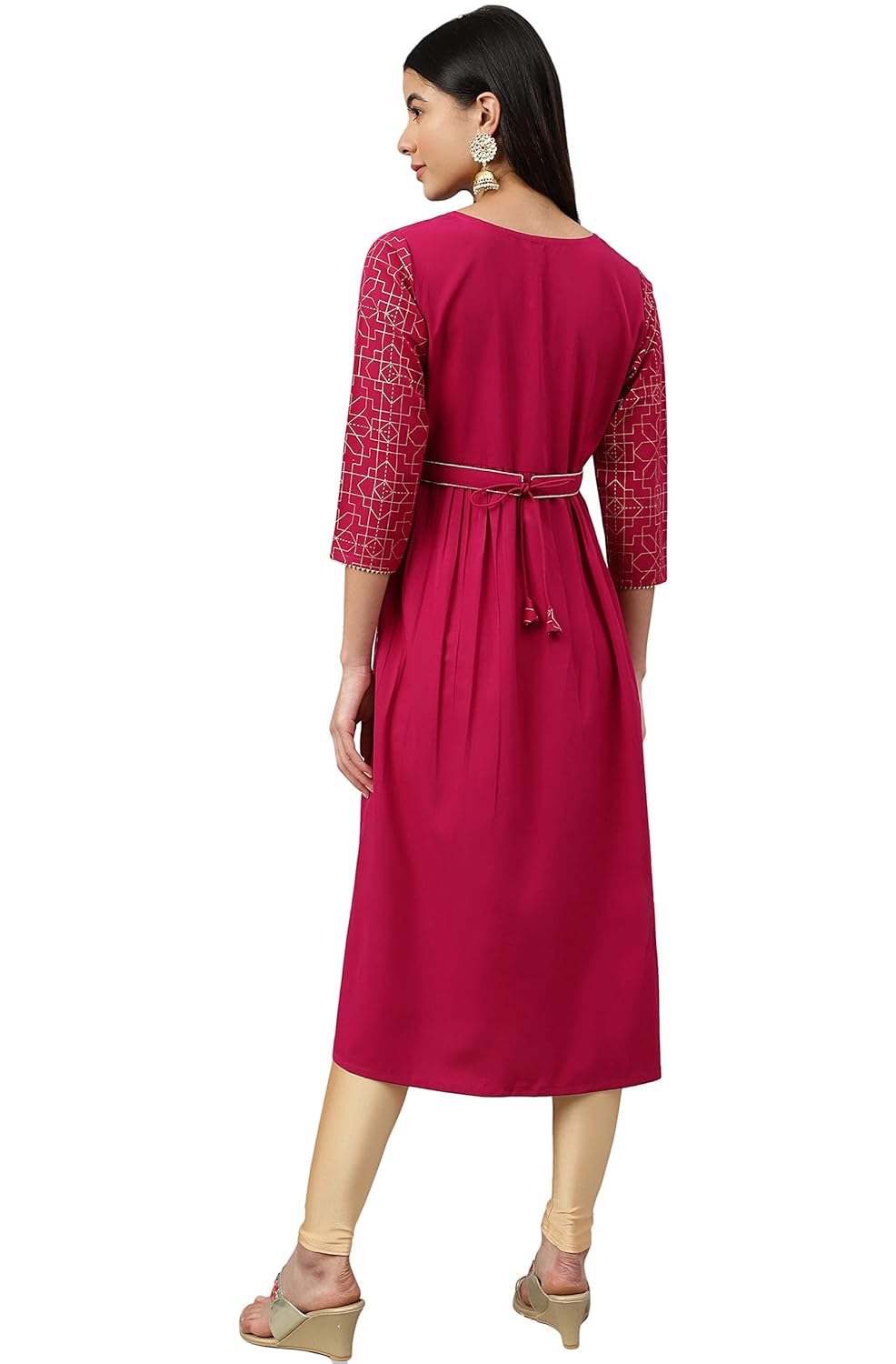 Janasya Women's Wine Poly Crepe Foil Print Flared Kurta