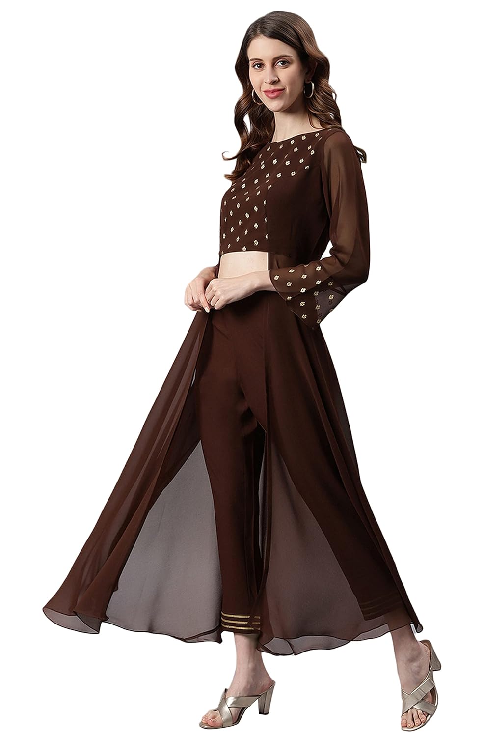 Janasya Women's Brown Georgette Ethnic Motifs Top with Pant