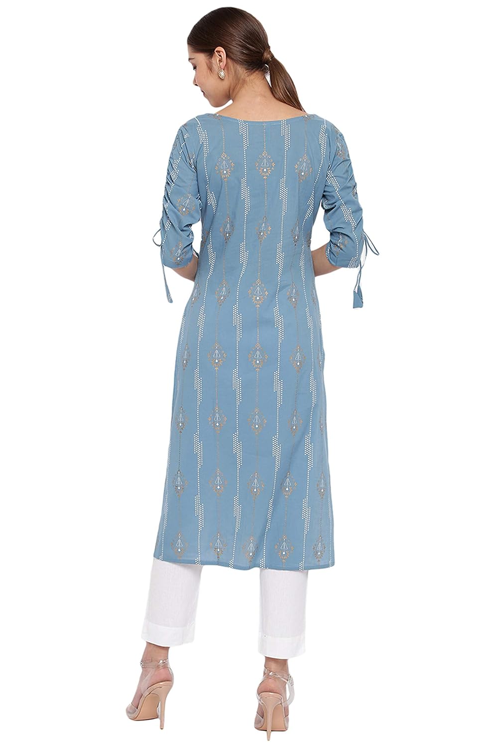 Janasya Women's Blue Cotton Ethnic Motifs Straight Kurta Blue