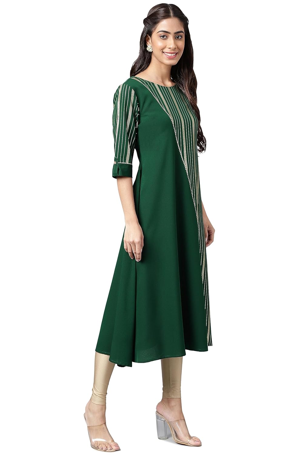 Janasya Women's Dark Green Crepe Foil Printed A-Line Kurta