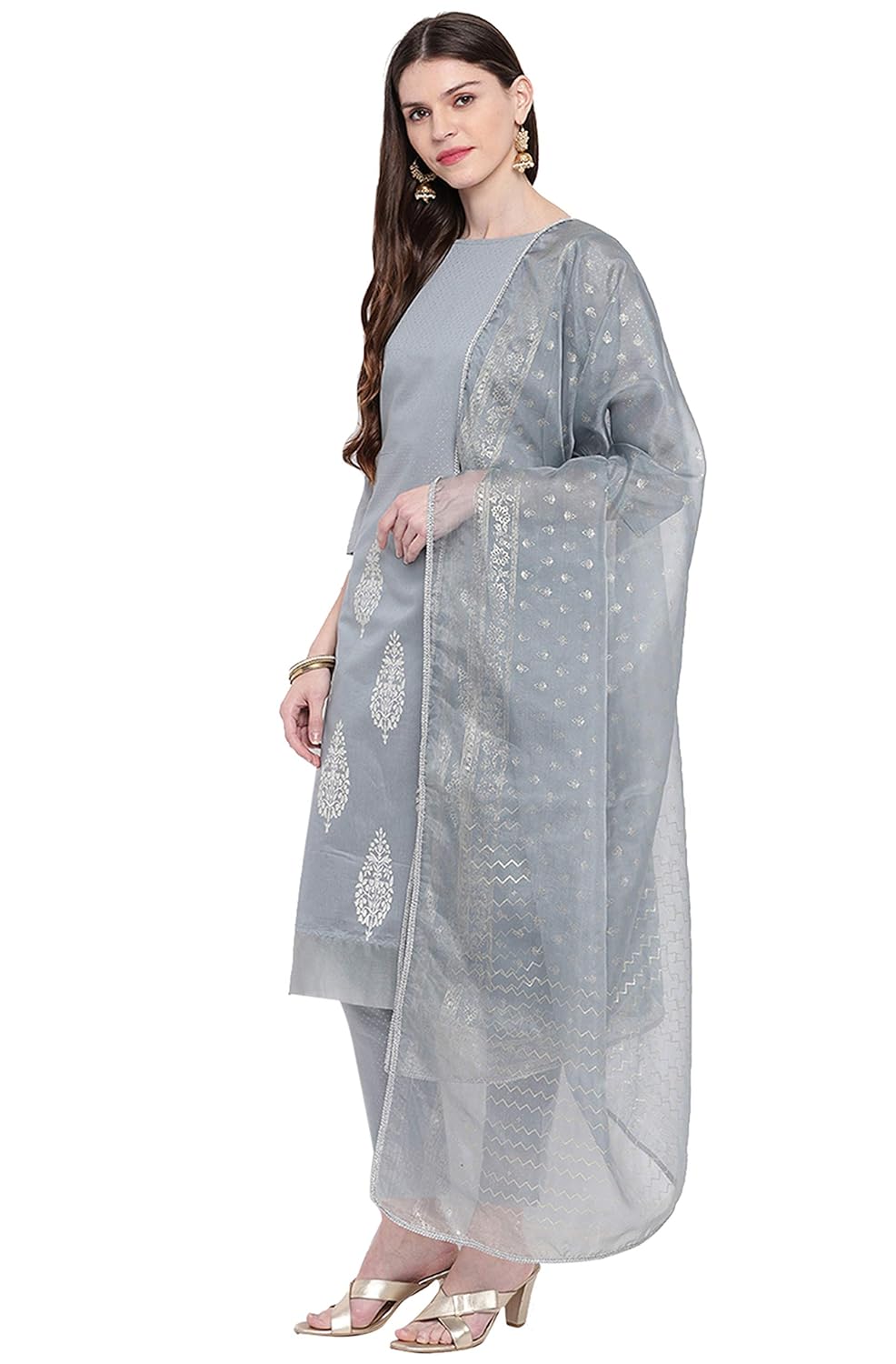 Janasya Women's Grey Poly Chanderi Kurta With Pant and Dupatta