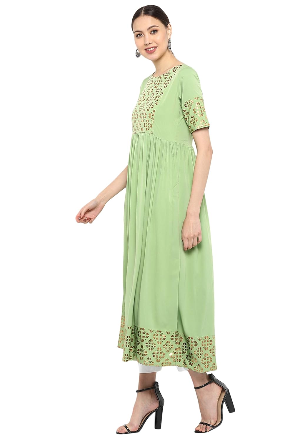Janasya Women's Poly Crepe Gold Print Flared Kurta Light Green