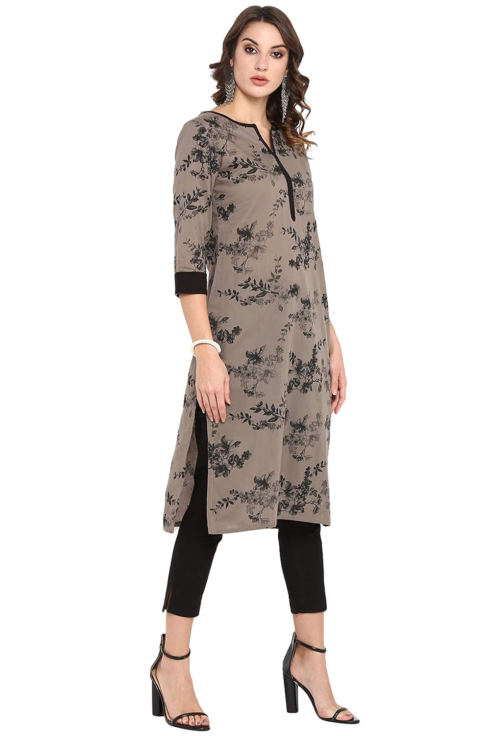 Janasya Women's Taupe Cotton Floral Print Straight Kurta