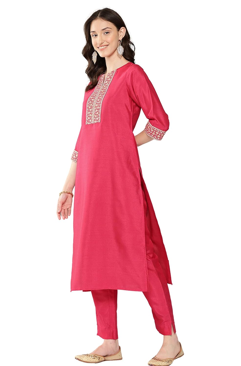 Janasya Women's Pink Crepe Silk Embroidered Kurta with Pant and Dupatta