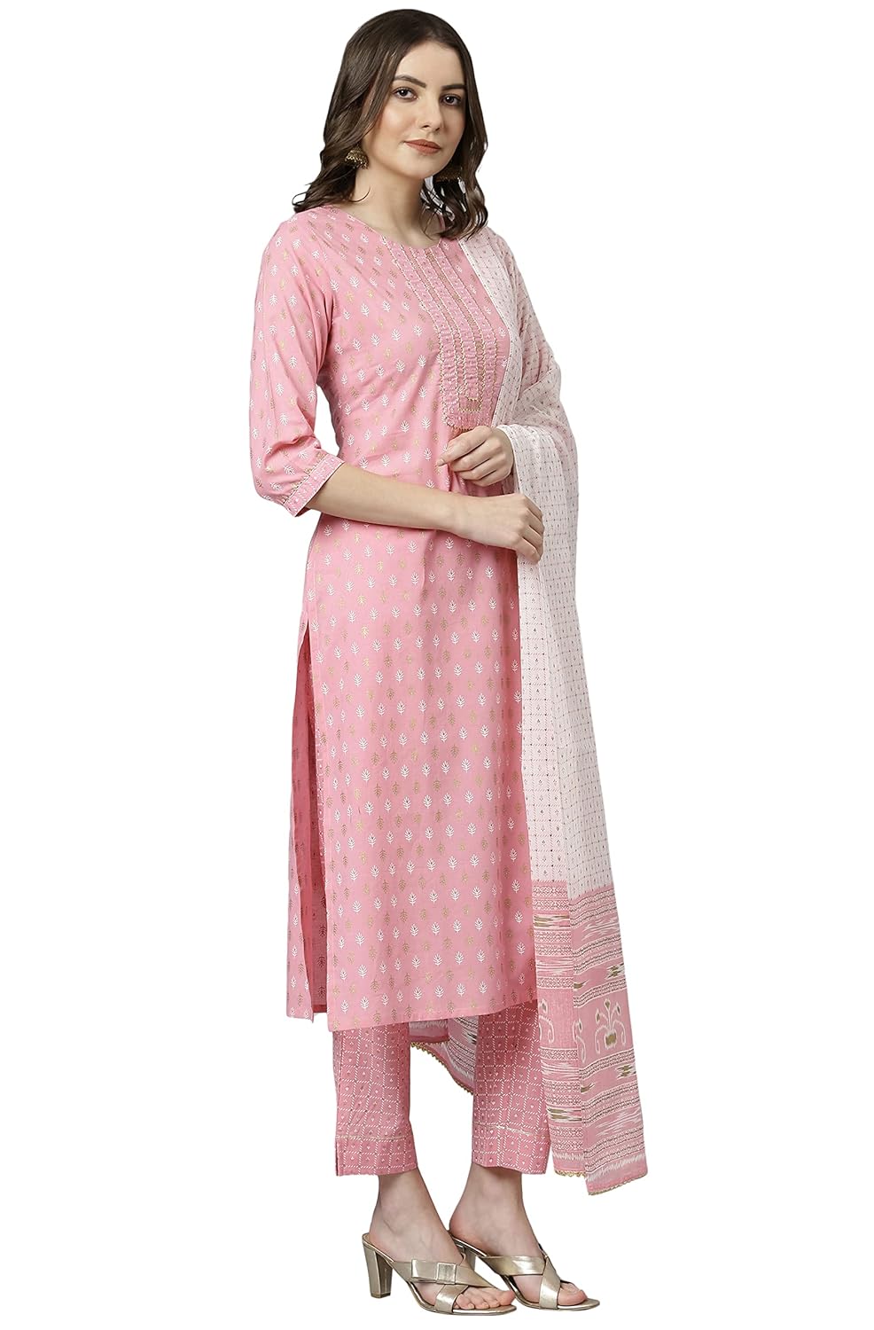 Janasya Women's Light Pink Cotton Kurta with Pant and Dupatta