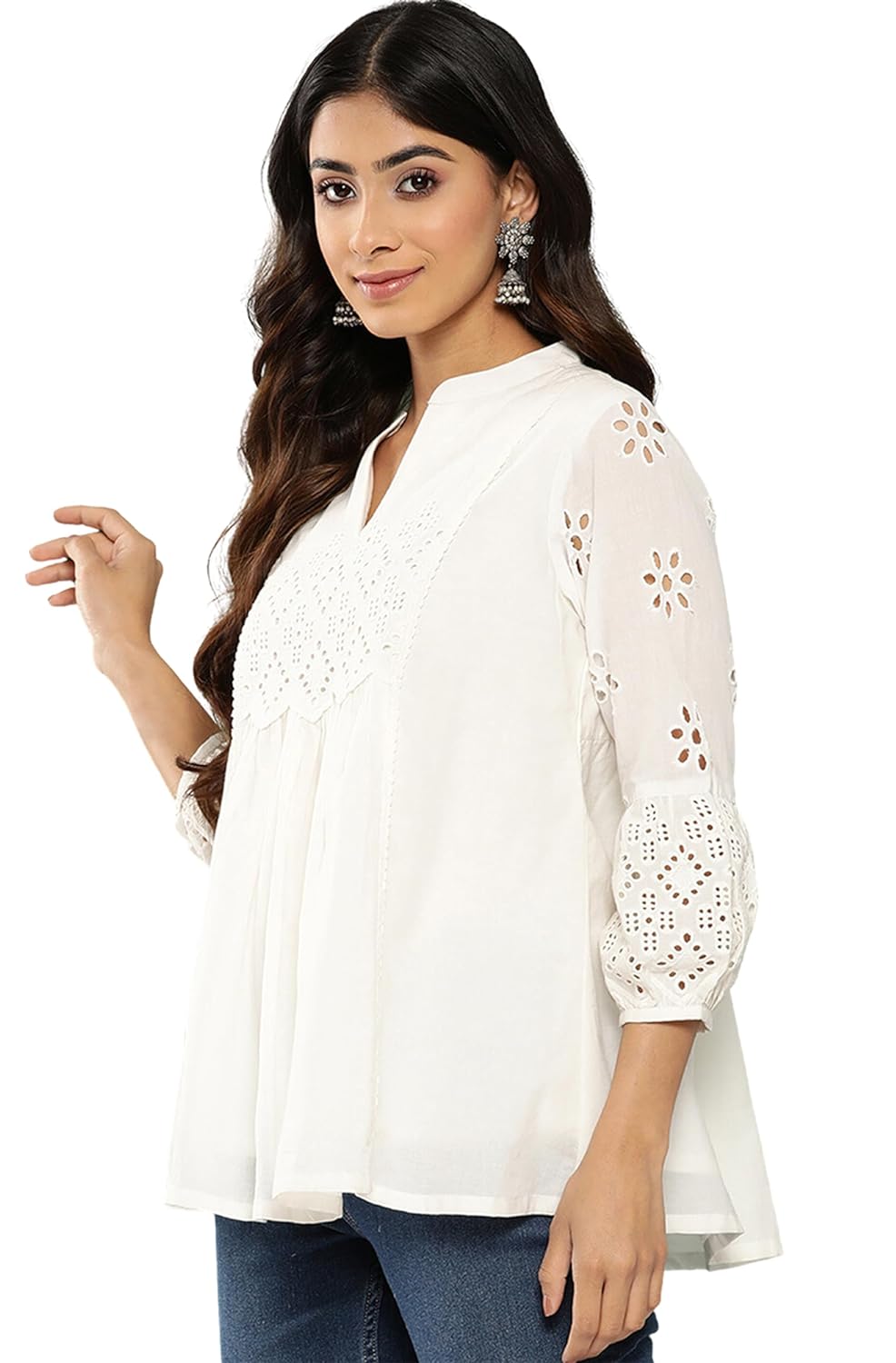 Janasya Women's White Cotton Schiffli A-Line Top