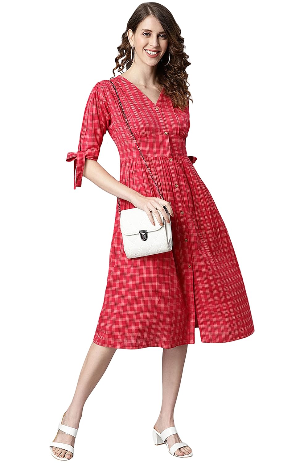 Janasya Women's Red Cotton Western Dress