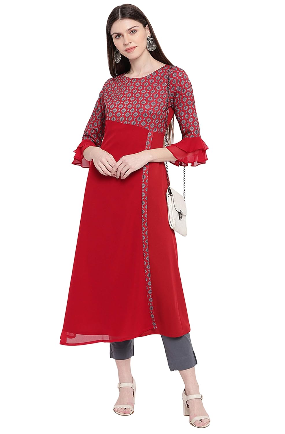 Janasya Women's Light Green Poly Crepe Floral Print A-line Kurta